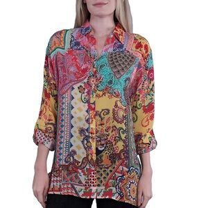 SHANA Collared Button Down V Neckline Exotic Floral Leopard Print Viscose Silk S